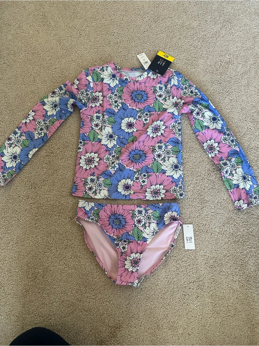 GAP Girls' Pink Floral Long-Sleeve Rashguard Set with Blue and White Accents